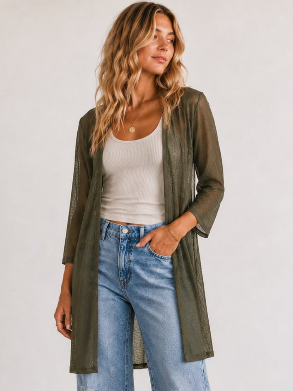 ALFANI Open Front Mesh Longline Olive Green Duster Cardigan Size PM